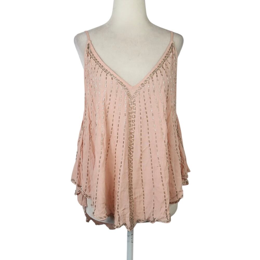 Free People Free Fly Light Pink Beaded Cami Tank Top Large NWT